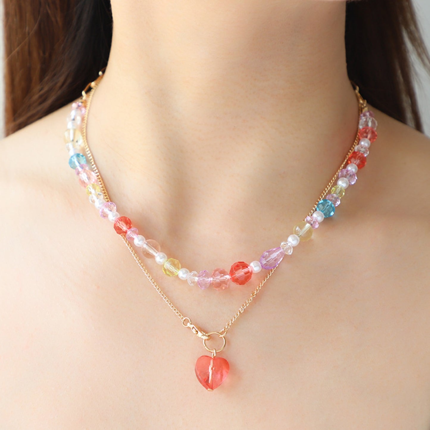 Beaded Double-Layered Heart Pendant Necklace