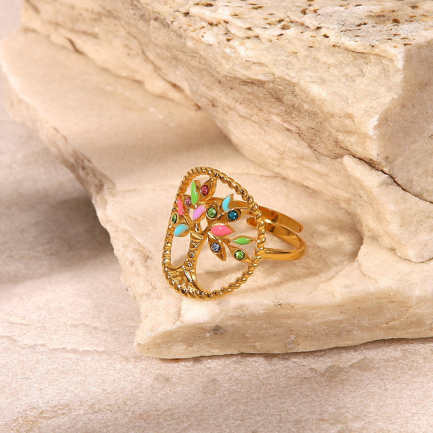 Tree Shape Inlaid Zircon 18K Gold-Plated Ring