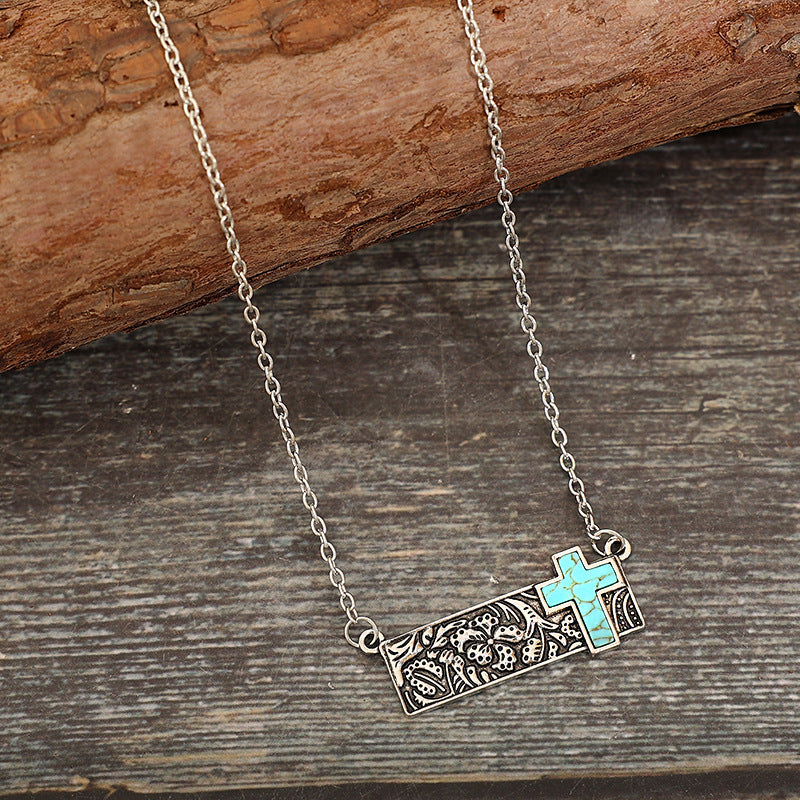 Artificial Turquoise Cross Bar Necklace