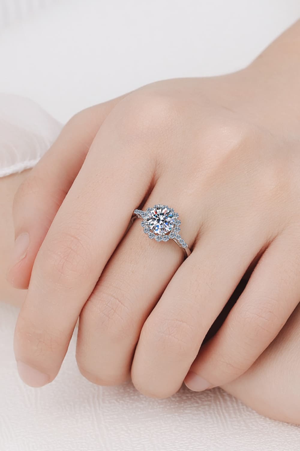 1 Carat Moissanite Rhodium-Plated Halo Ring